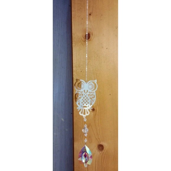 Silver Owl Iridescent Crystal Prism Sun Catcher Window Hanging 16 1/2" Gift New - Picture 2 of 6